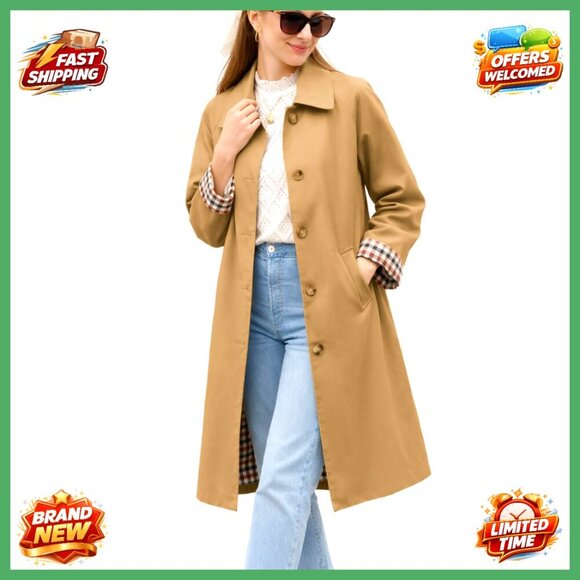 Jackets & Blazers - Long Trench Coat, Single Breasted Lapel, Oversized Windproof Overcoat, 100%